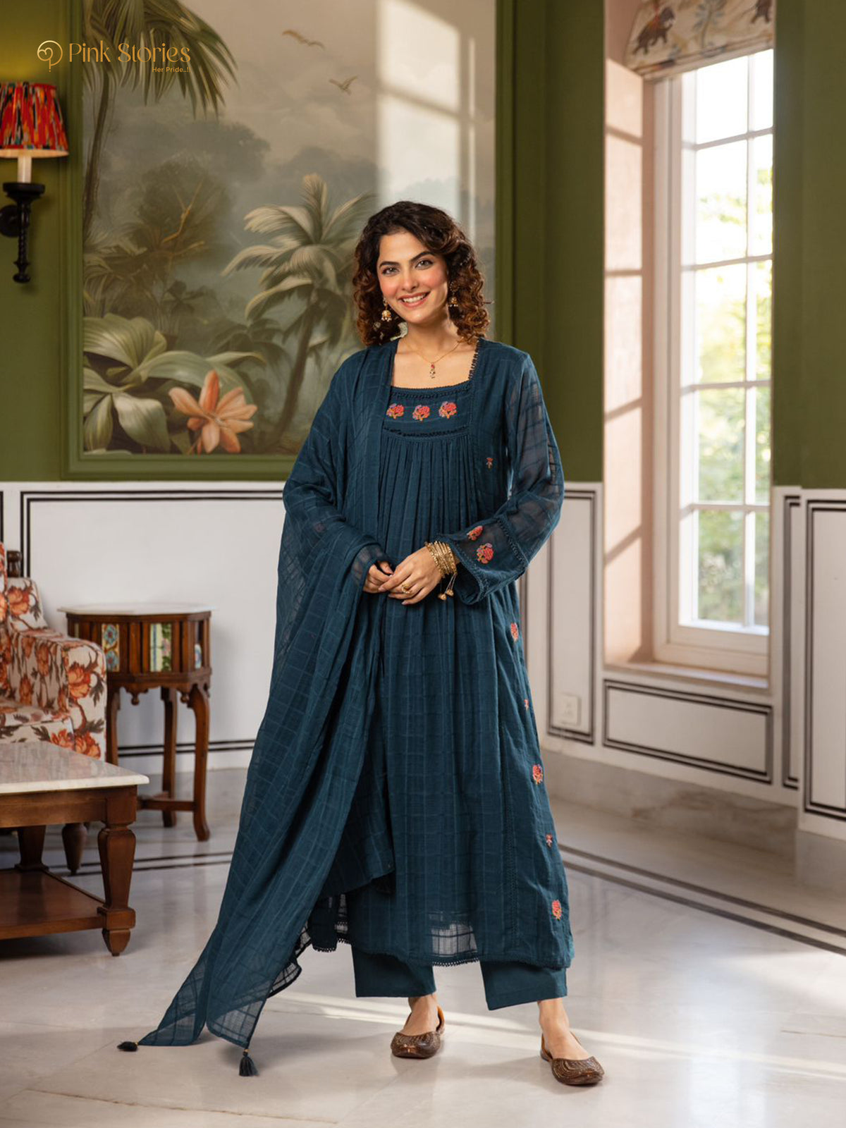 Panelled mul cotta 3Pc A-line anarakali- dark teal blue