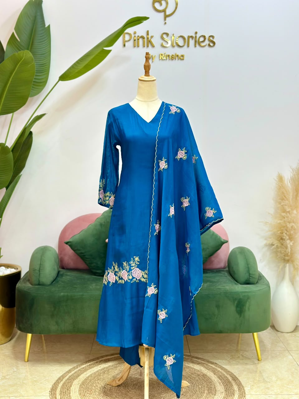 Surat Mul Chanderi A-Line Suit- Peacock Blue