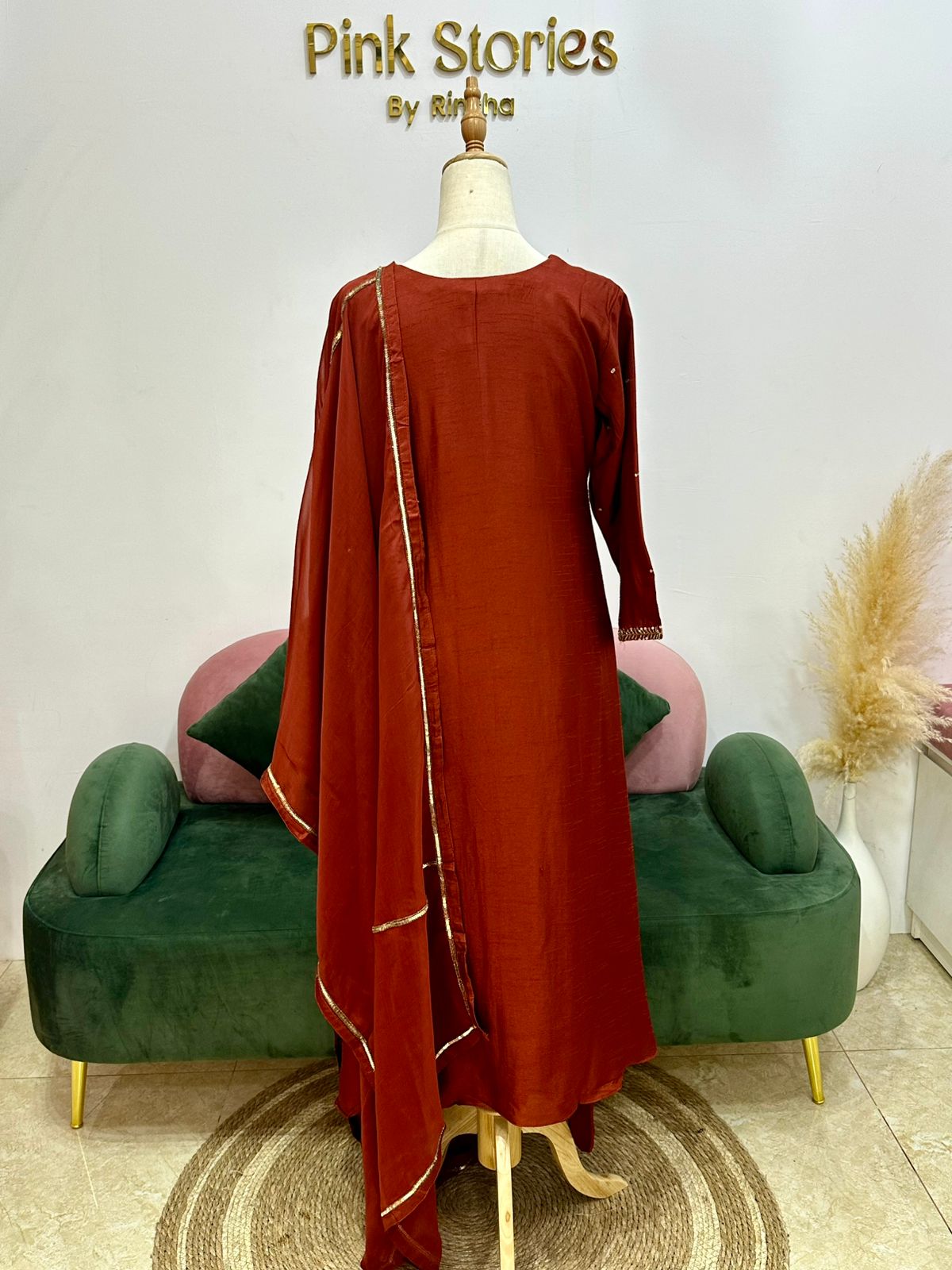Brick Red Dola Silk A-Line Suit