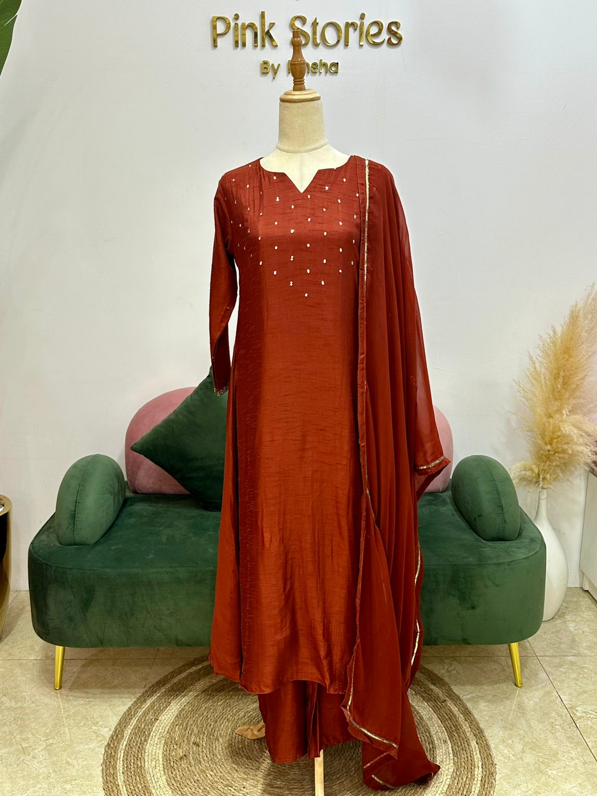 Brick Red Dola Silk A-Line Suit