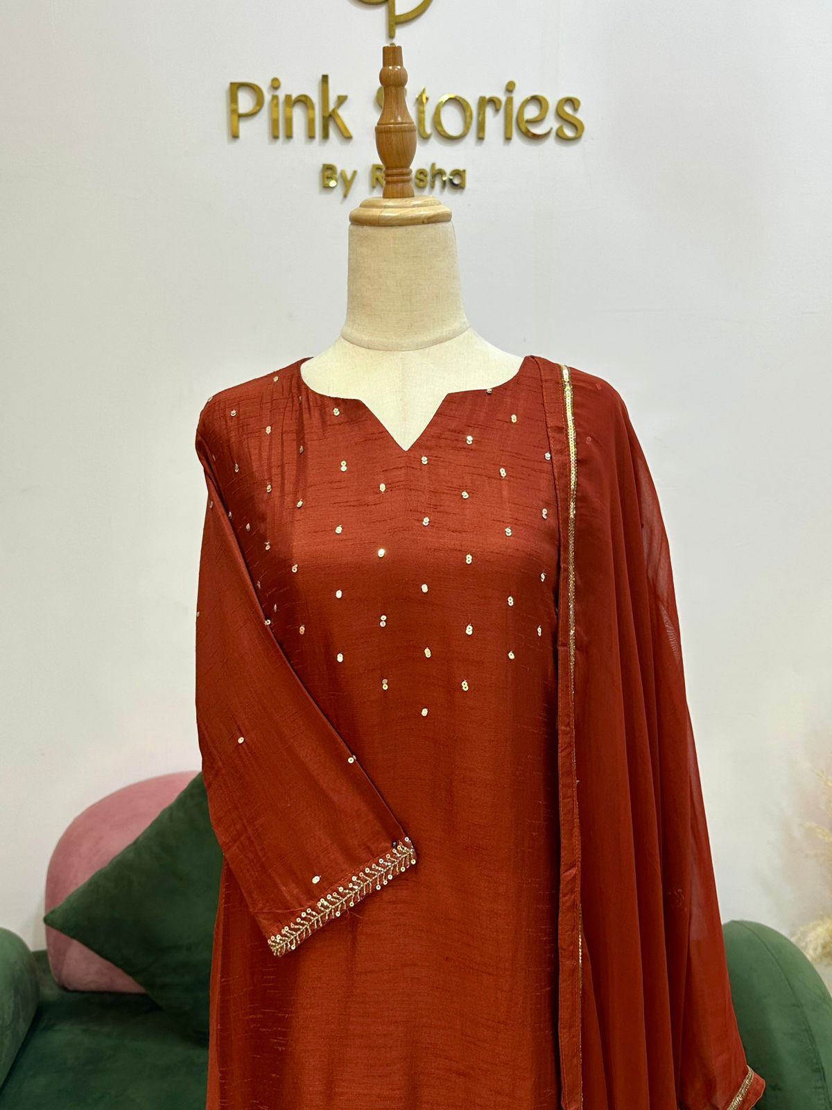 Brick Red Dola Silk A-Line Suit
