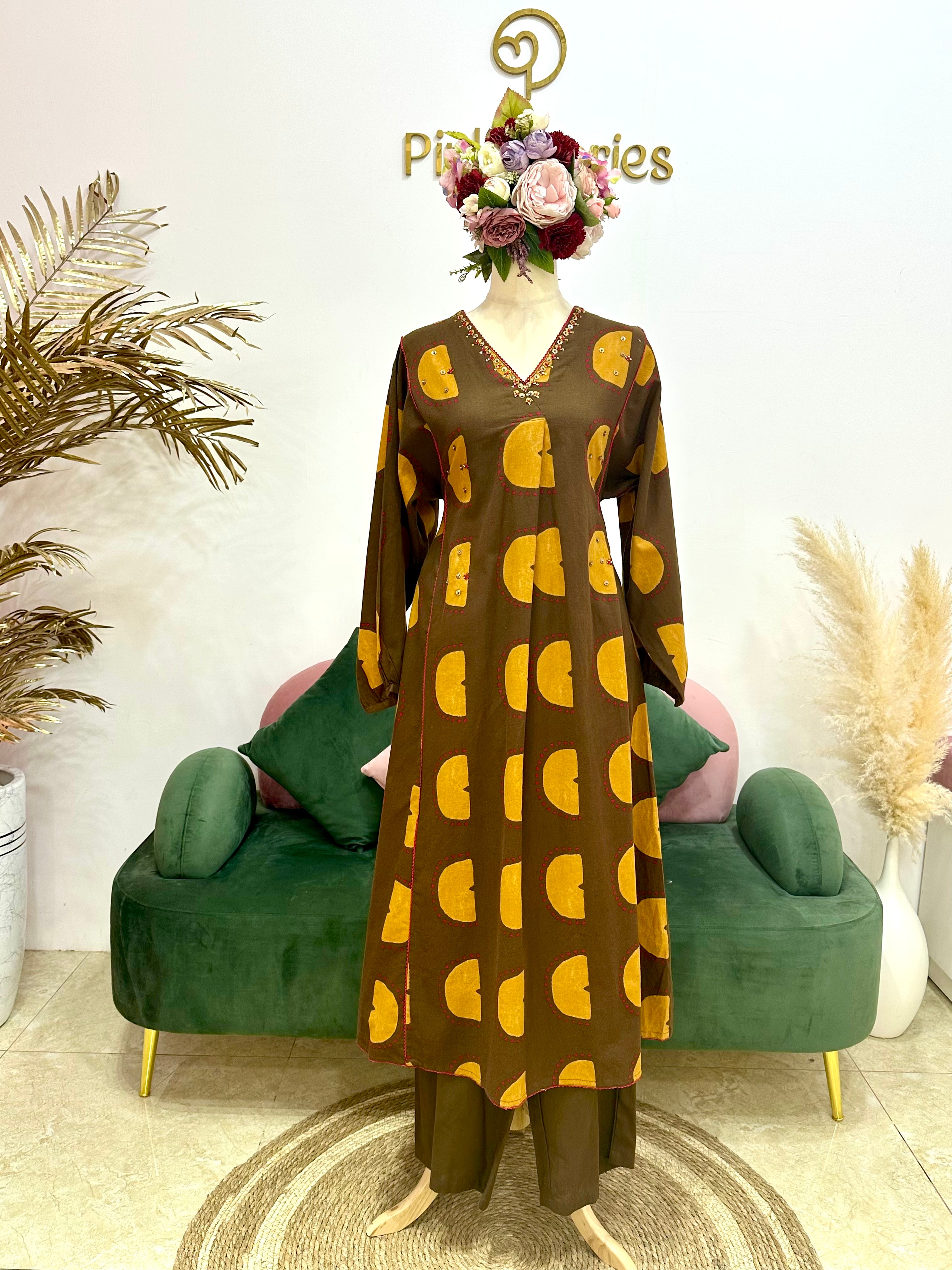 Printed 2Pc Cotton Flex Co-Ord Set- Brown