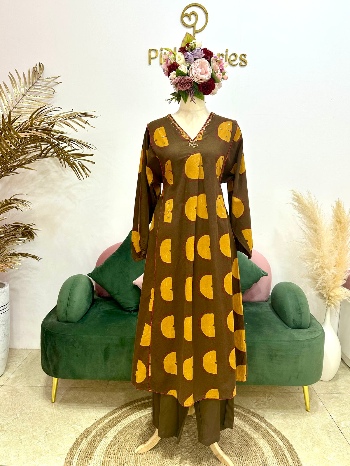 Printed 2Pc Cotton Flex Co-Ord Set- Brown