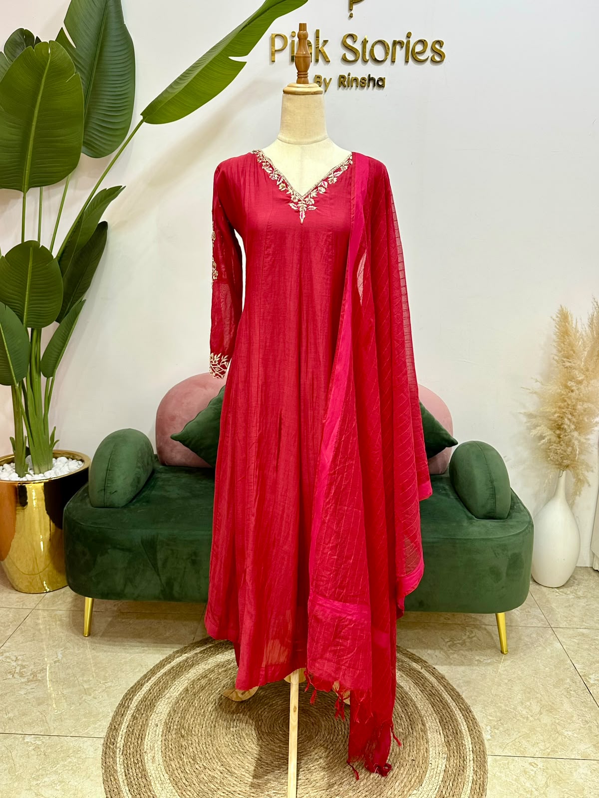 Mul Chanderi Panel cut A-Line Suit- Cherry Red