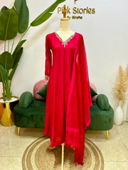 Mul Chanderi Panel cut A-Line Suit- Cherry Red