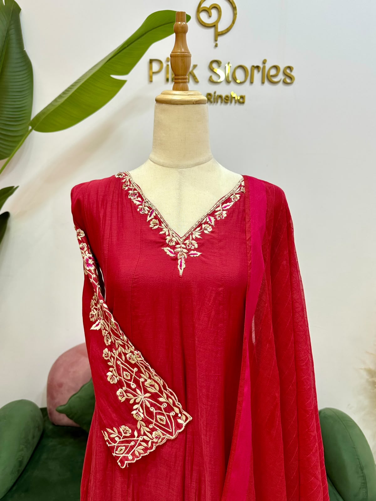 Mul Chanderi Panel cut A-Line Suit- Cherry Red