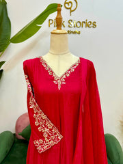 Mul Chanderi Panel cut A-Line Suit- Cherry Red