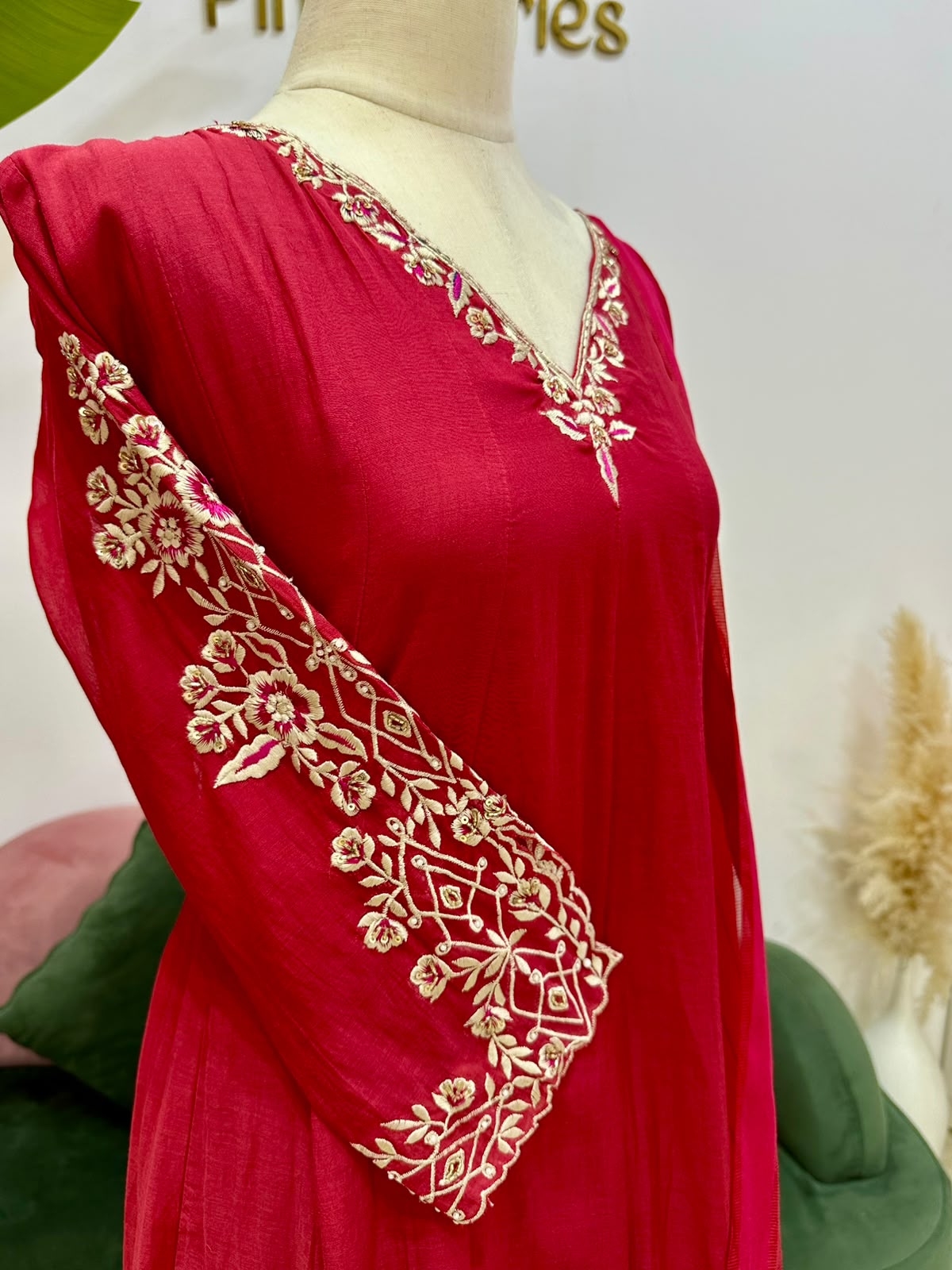 Mul Chanderi Panel cut A-Line Suit- Cherry Red