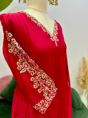 Mul Chanderi Panel cut A-Line Suit- Cherry Red