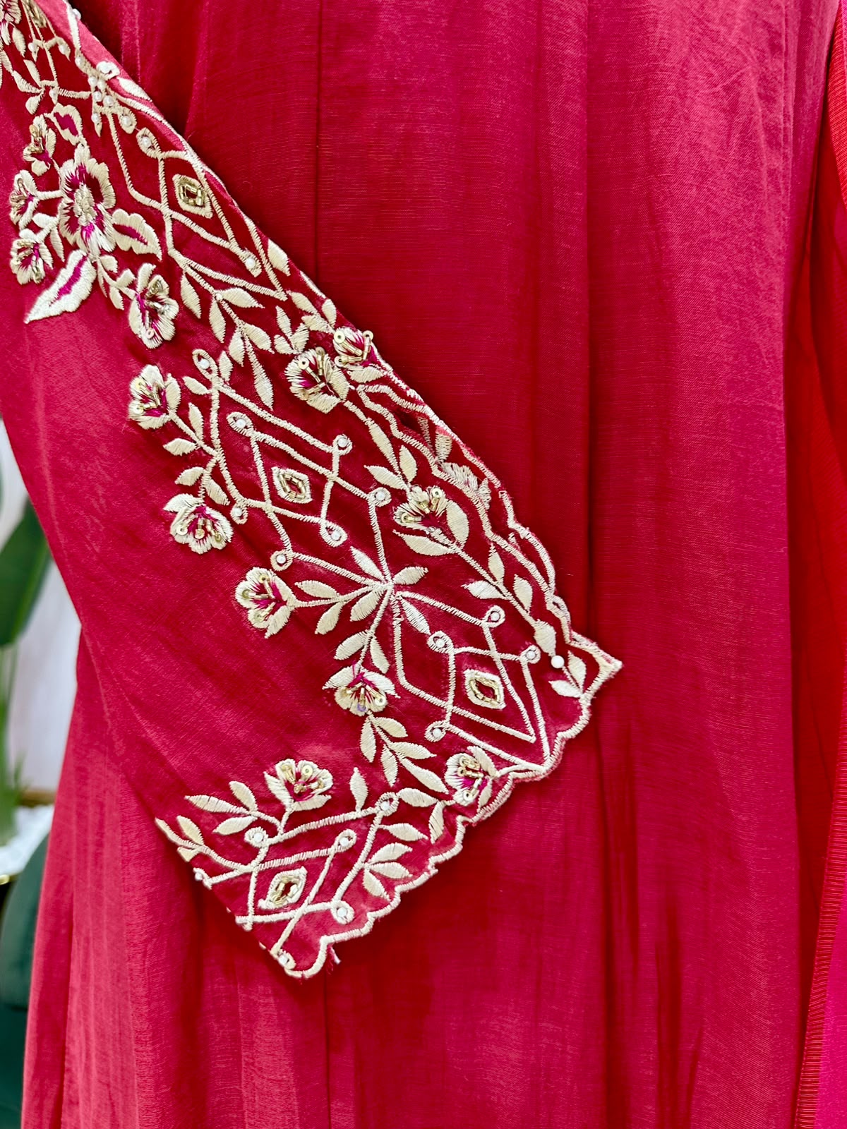 Mul Chanderi Panel cut A-Line Suit- Cherry Red