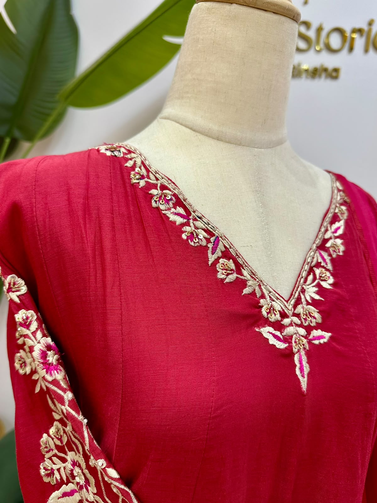 Mul Chanderi Panel cut A-Line Suit- Cherry Red