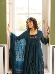 Panelled mul cotta 3Pc A-line anarakali- dark teal blue