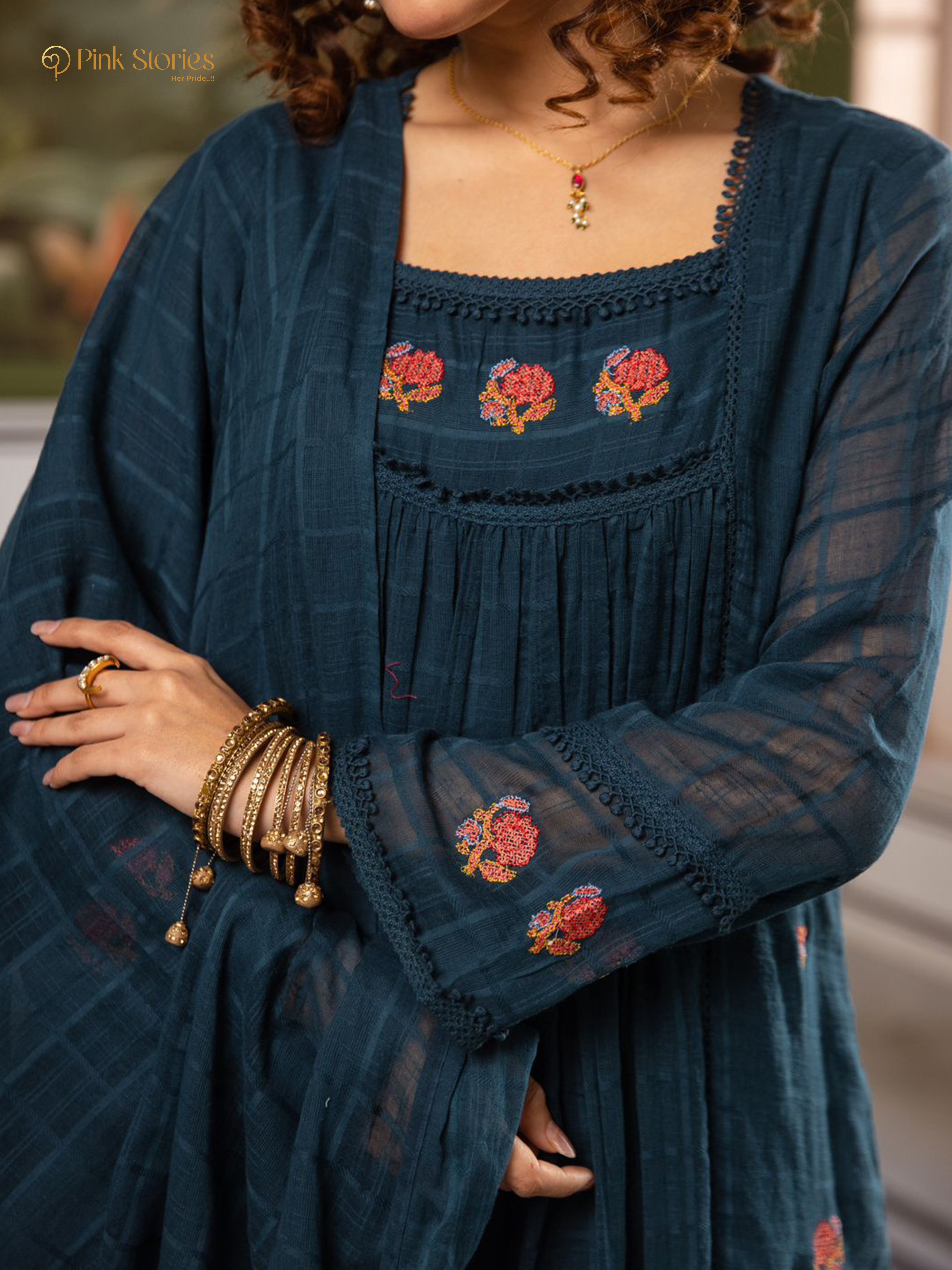 Panelled mul cotta 3Pc A-line anarakali- dark teal blue