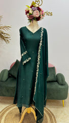 Handworked mul chanderi A-line suit- Forest green