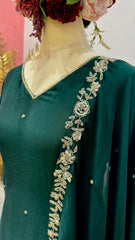 Handworked mul chanderi A-line suit- Forest green