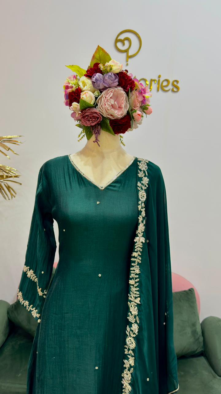 Handworked mul chanderi A-line suit- Forest green