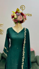 Handworked mul chanderi A-line suit- Forest green