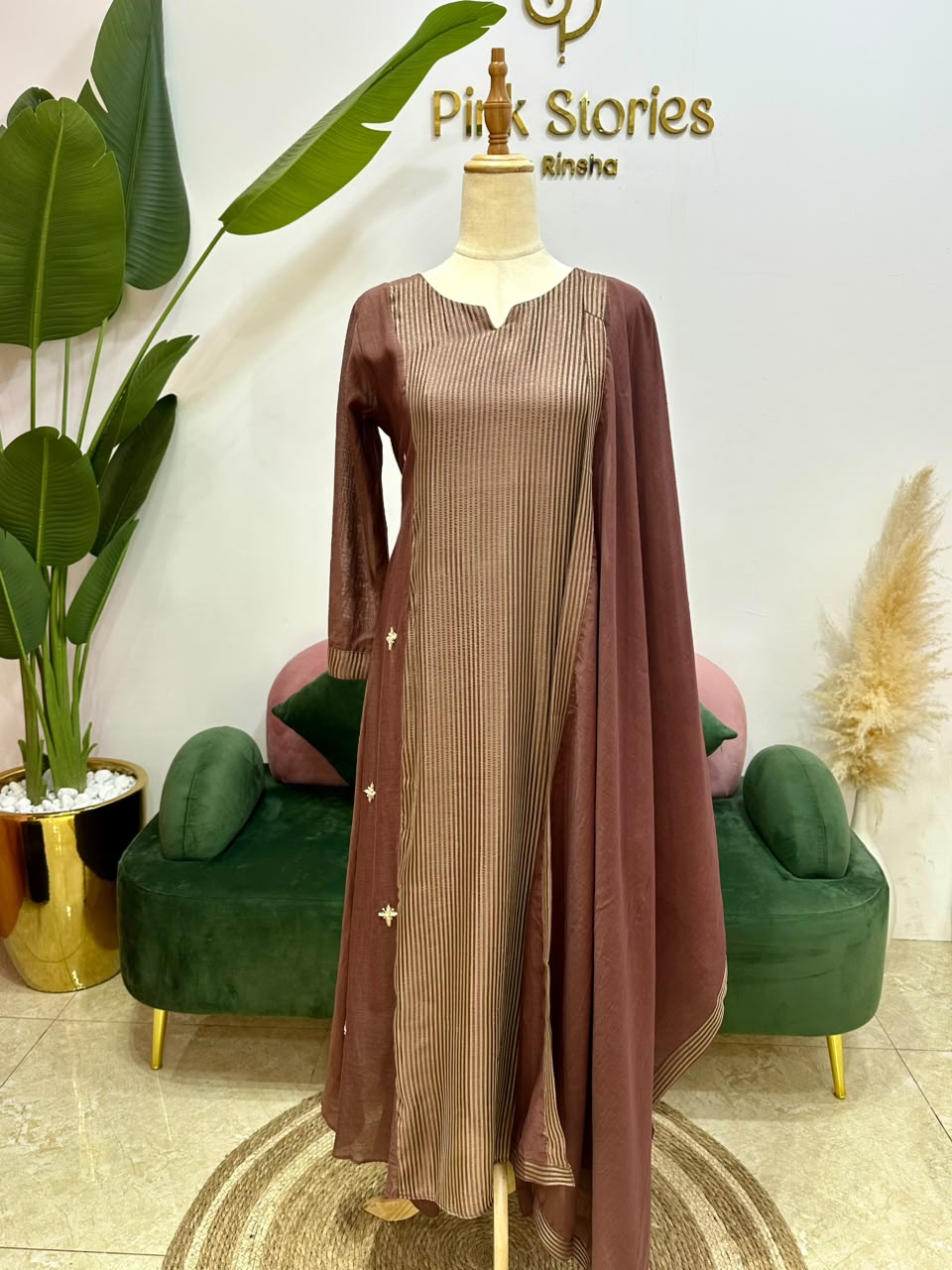 Soft Mul Chanderi A-Line Suit- Dusty Brown