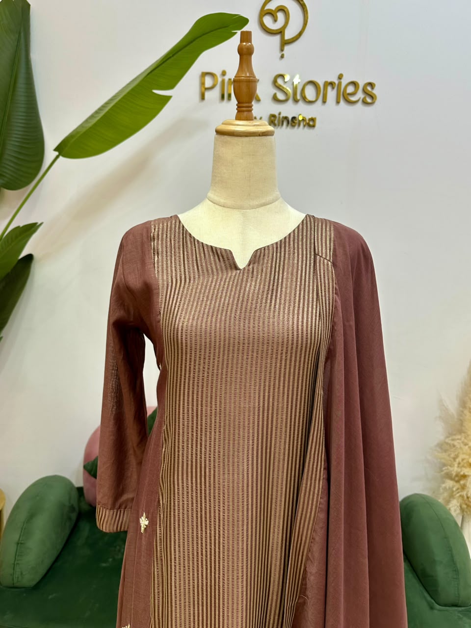 Soft Mul Chanderi A-Line Suit- Dusty Brown