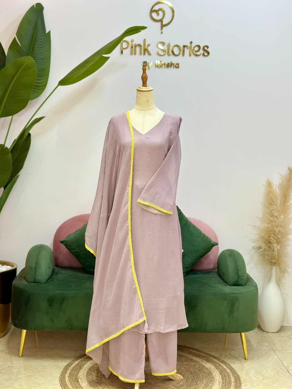 Crushed Chanderi A-Line Suit- Dusty Lavender