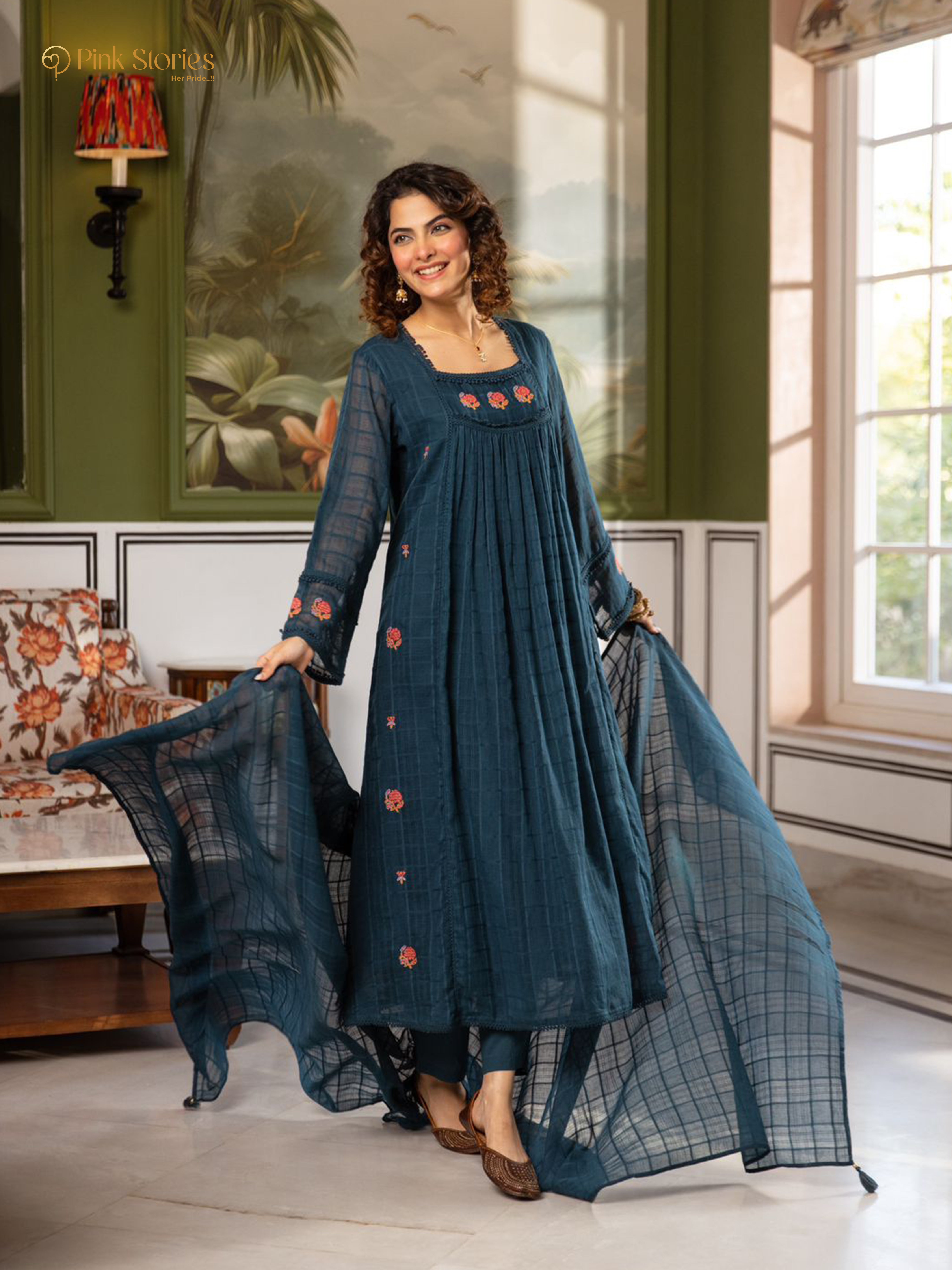 Panelled mul cotta 3Pc A-line anarakali- dark teal blue
