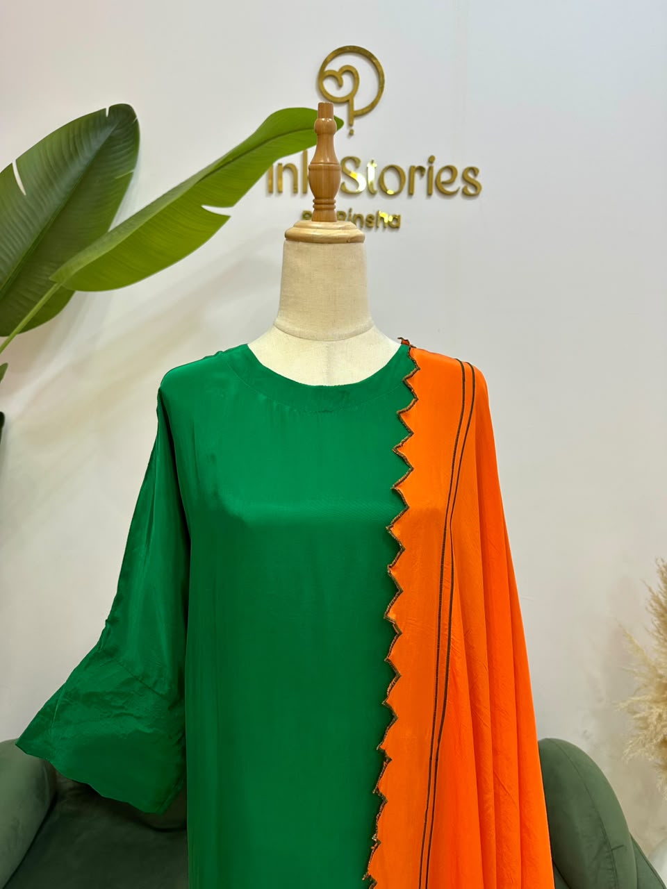 Green Kaftan Suit with Contrast Dupatta
