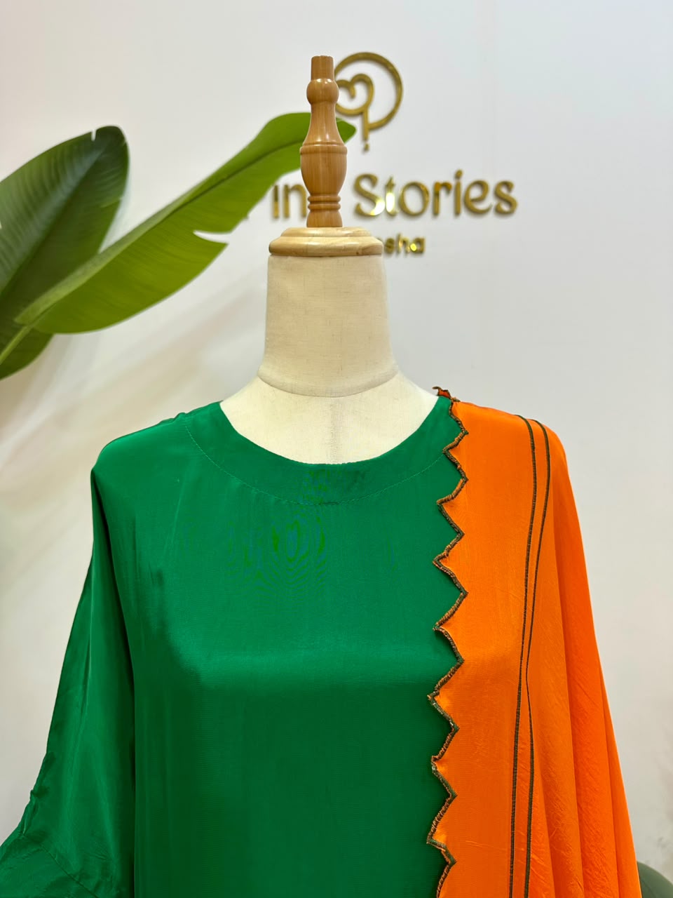 Green Kaftan Suit with Contrast Dupatta