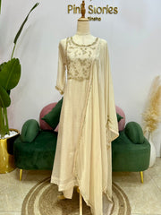 Handworked Mul Chanderi A-line Suit- Ivory