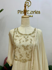 Handworked Mul Chanderi A-line Suit- Ivory