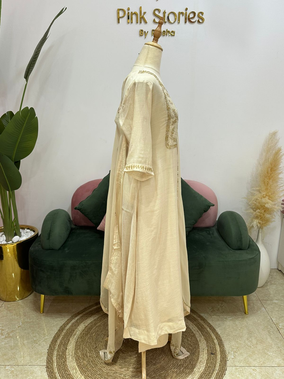 Handworked Mul Chanderi A-line Suit- Ivory