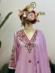 Embroidered Dobby Cotton A-line Suit- Lilac