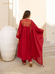 Embroidered 3Pc cotton semi anarkali- red