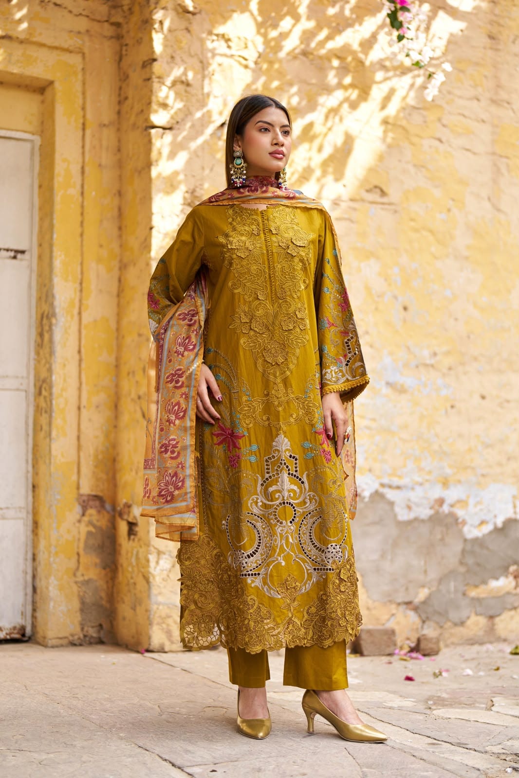 Embroidered 3pc salwar suit- Mustard Yellow