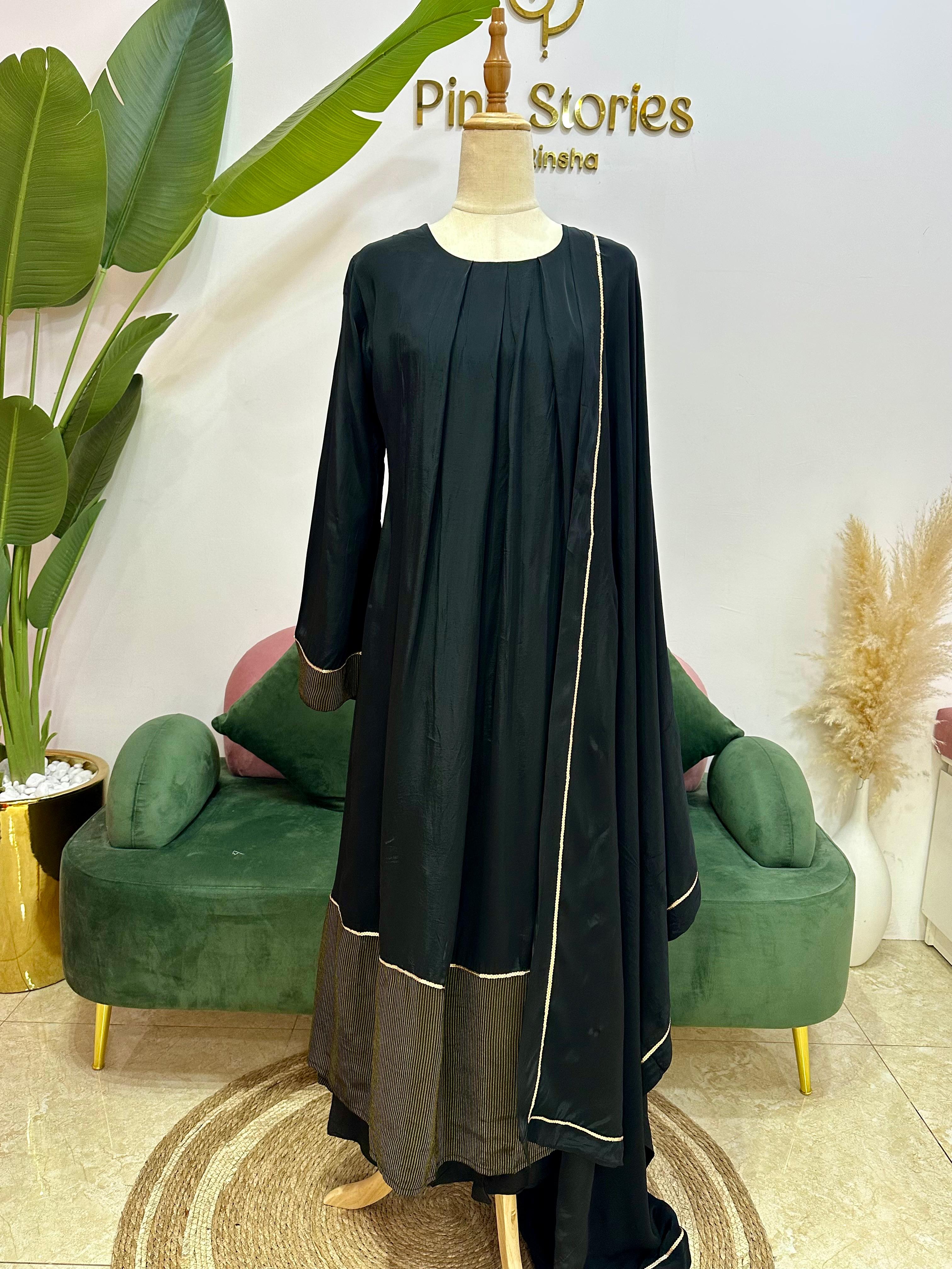 Golden Zari Striped Loose A-Line Suit- Black