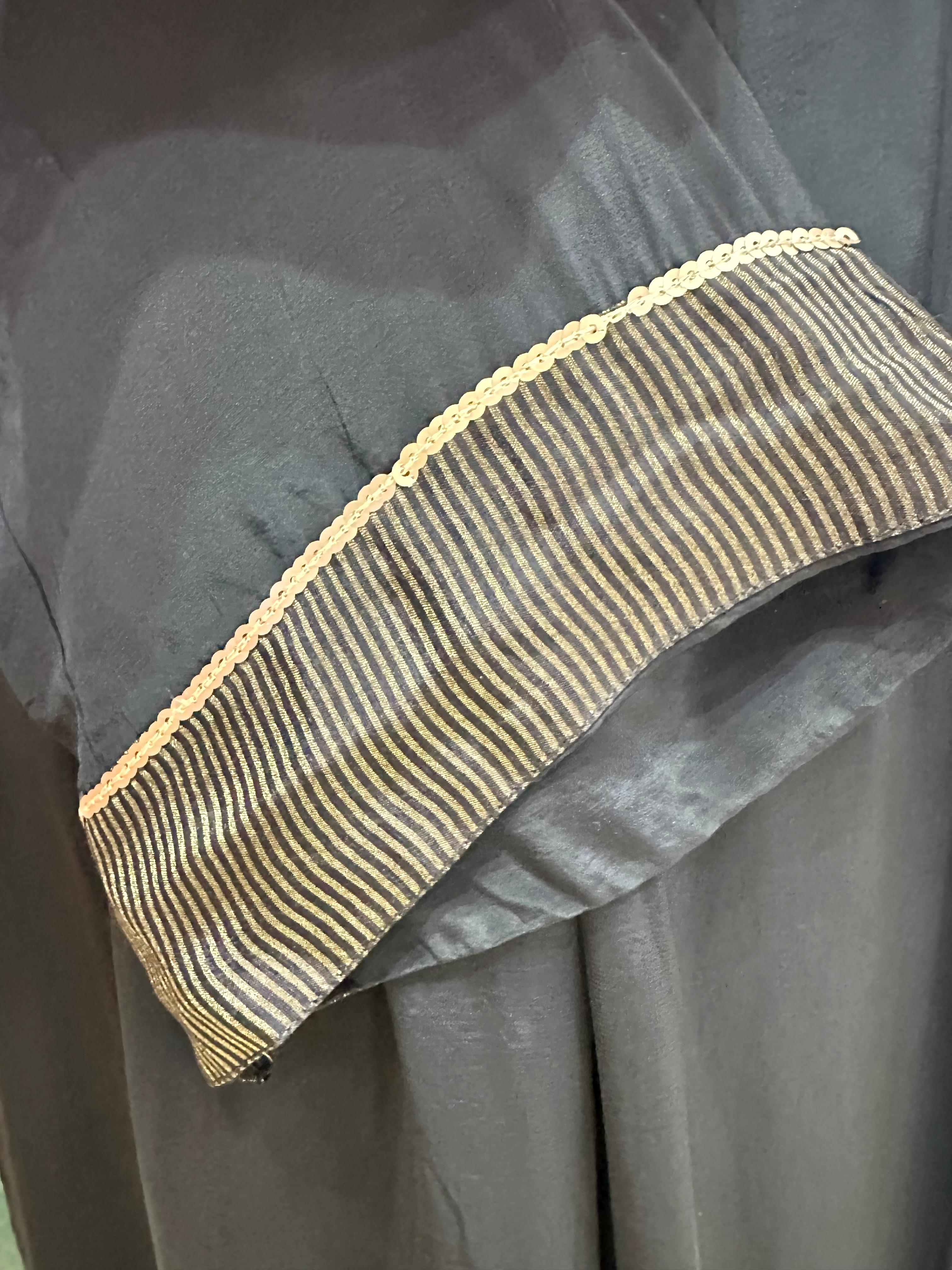 Golden Zari Striped Loose A-Line Suit- Black