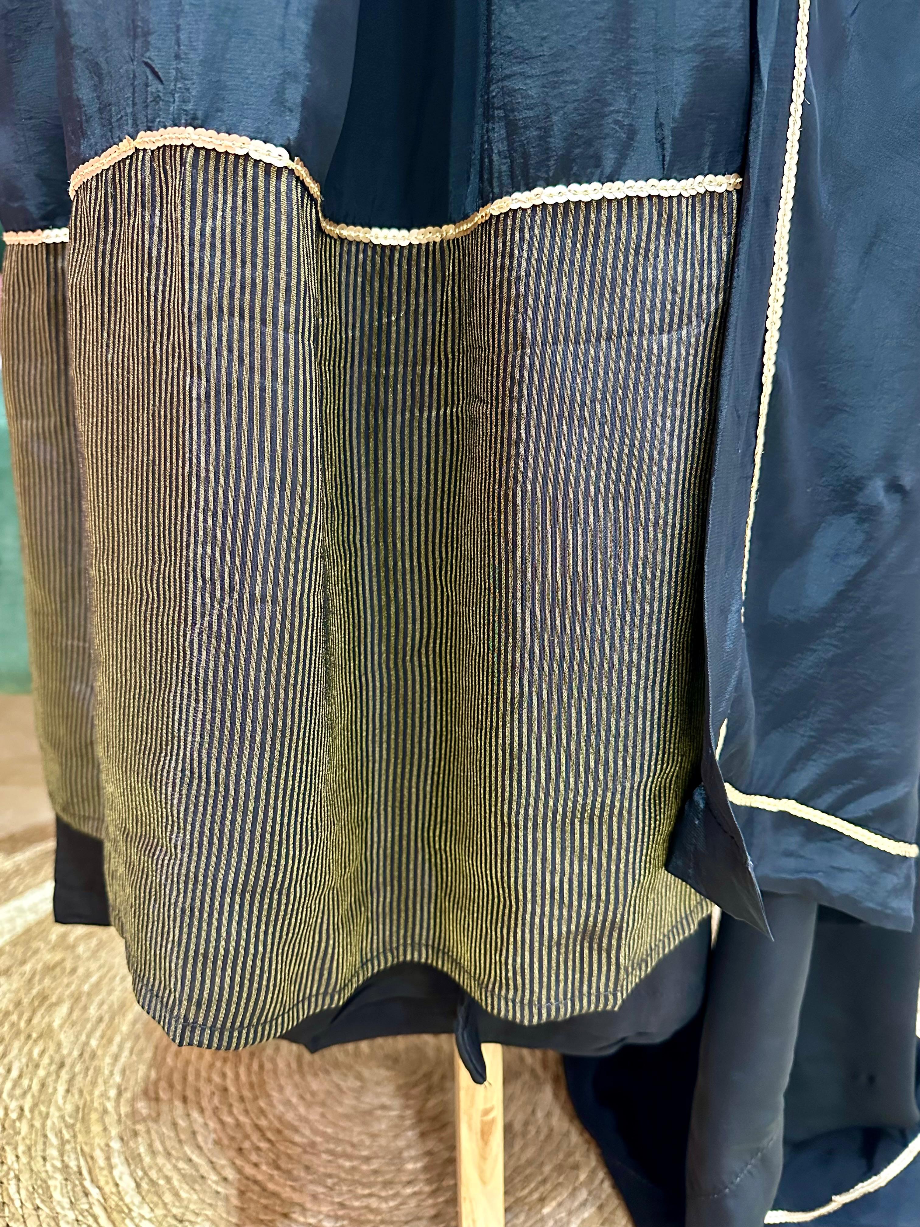 Golden Zari Striped Loose A-Line Suit- Black