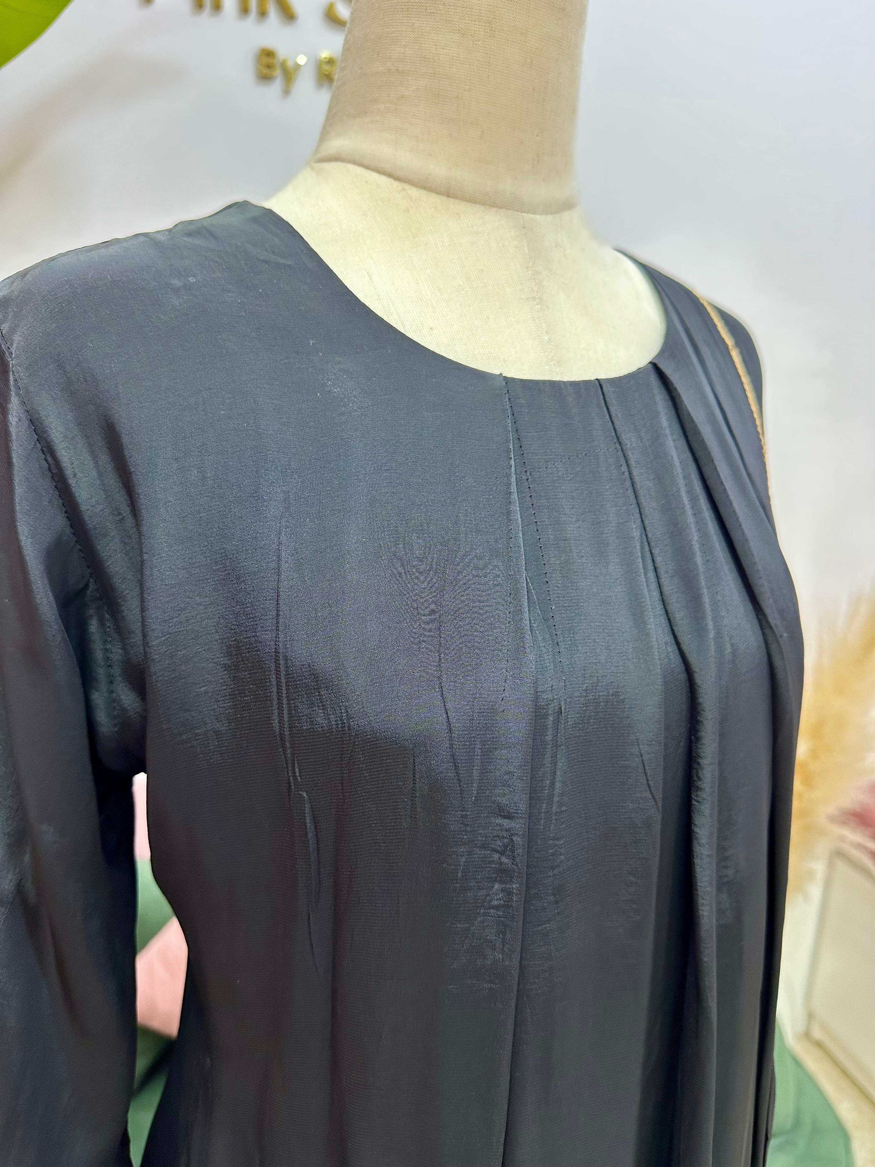 Golden Zari Striped Loose A-Line Suit- Black