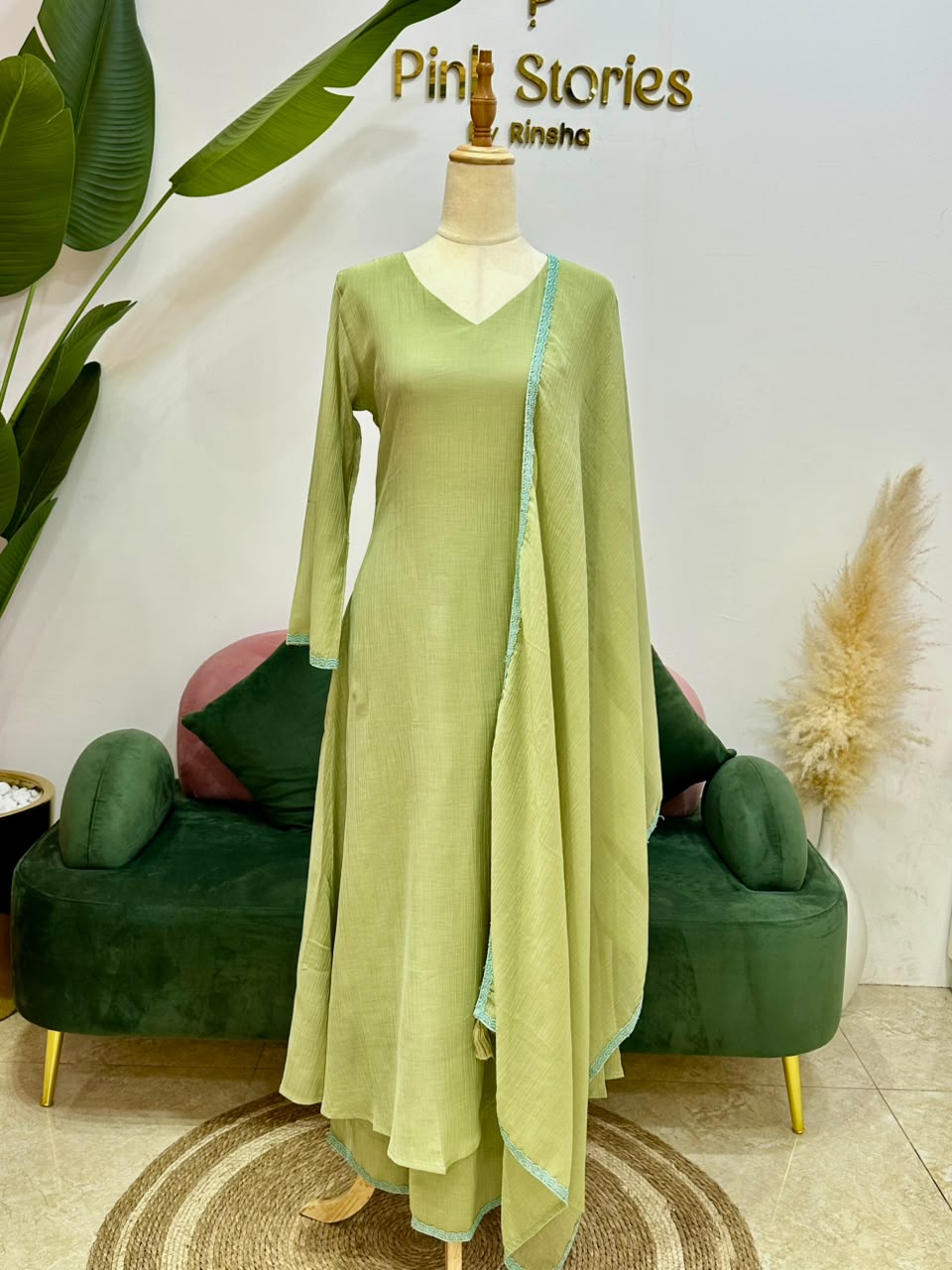 Crushed Chanderi A-Line Suit- Olive Green