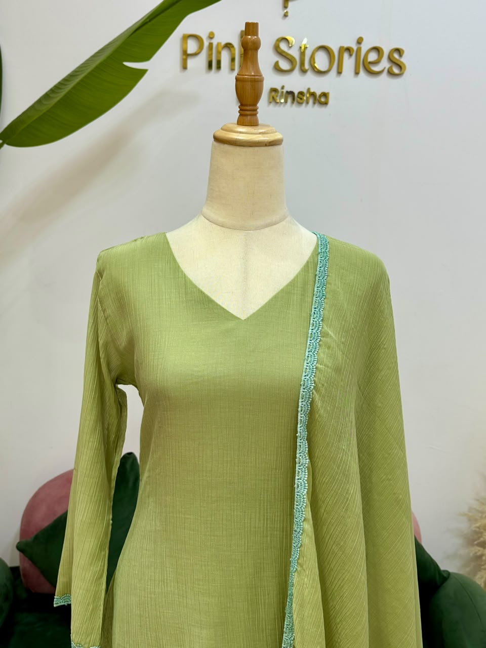 Crushed Chanderi A-Line Suit- Olive Green
