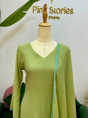 Crushed Chanderi A-Line Suit- Olive Green