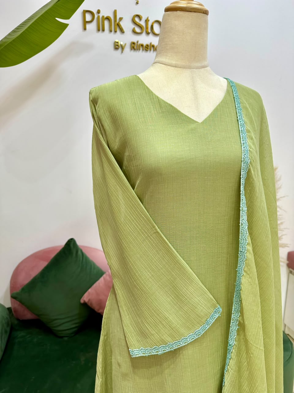 Crushed Chanderi A-Line Suit- Olive Green