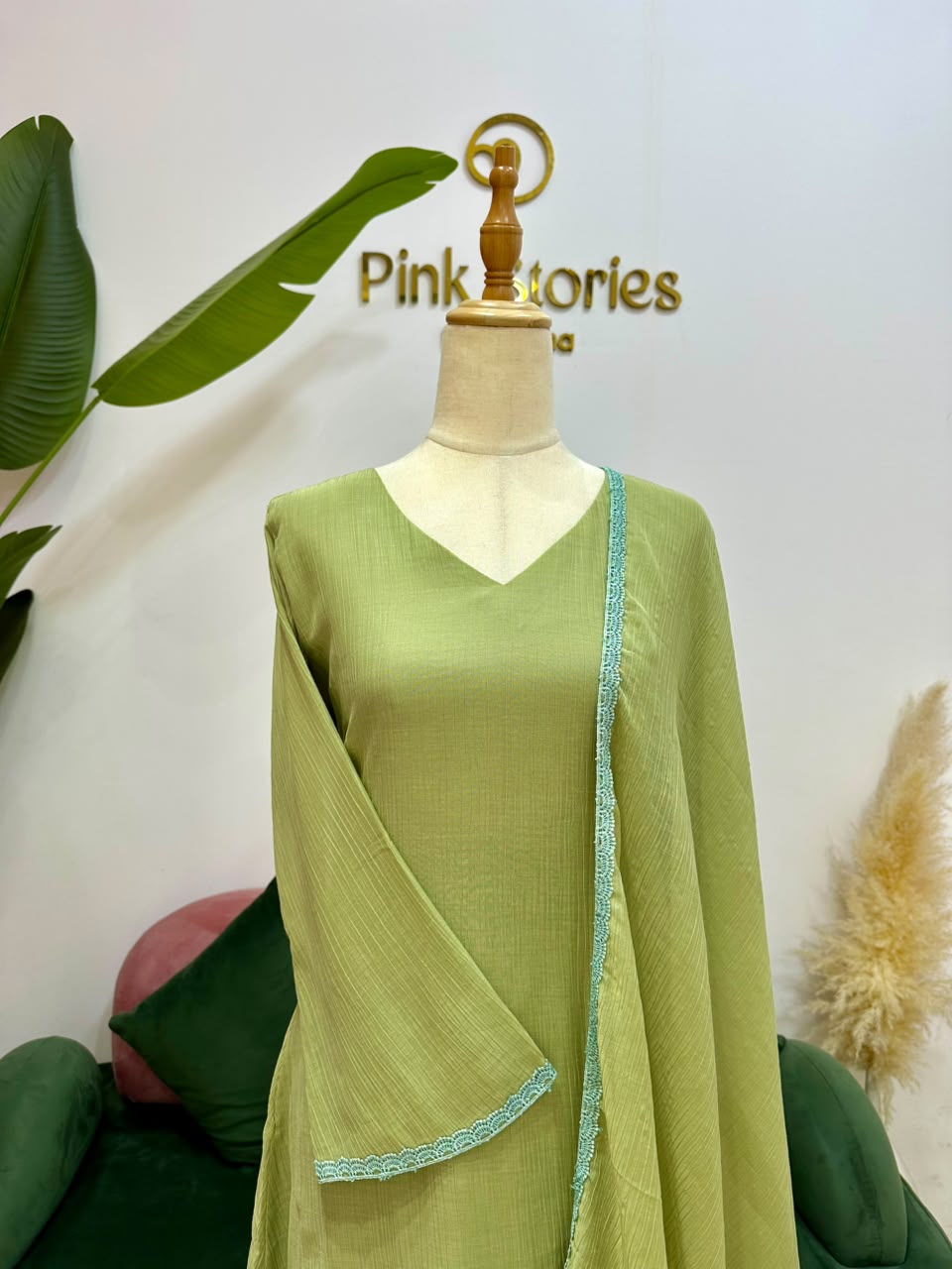 Crushed Chanderi A-Line Suit- Olive Green