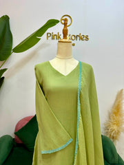 Crushed Chanderi A-Line Suit- Olive Green