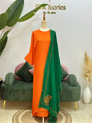 Orange Kaftan Suit with Contrast Dupatta