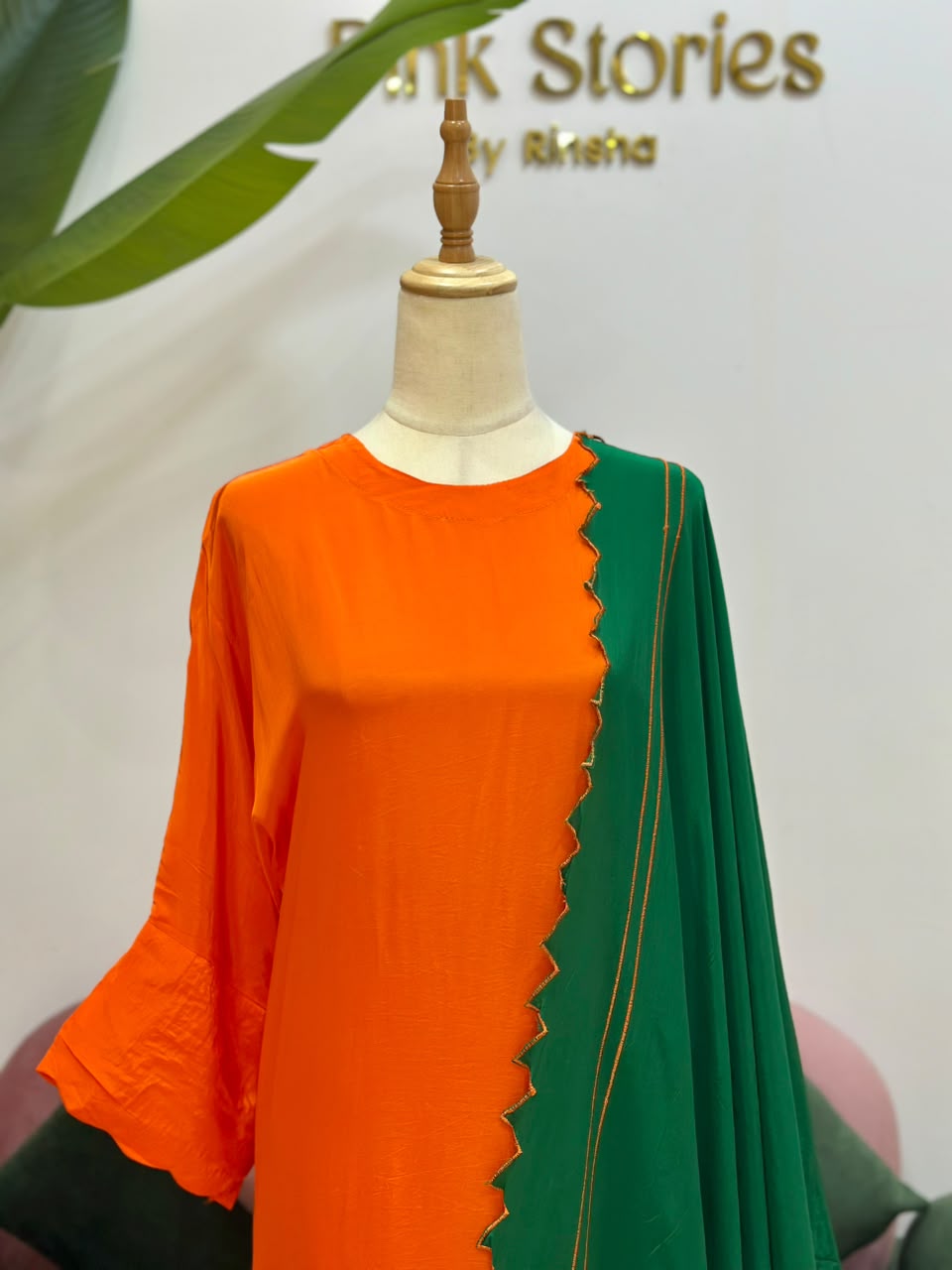 Orange Kaftan Suit with Contrast Dupatta