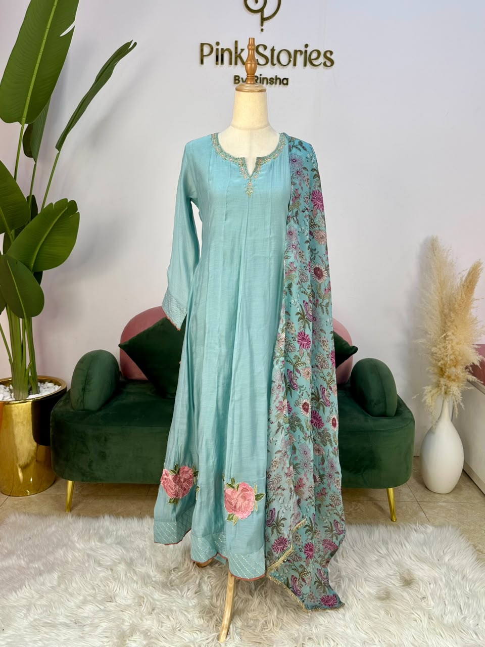 Muslin Silk Panel Cut Anarkali - Pastel Blue