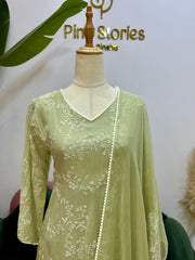 Embroidered Mul Chanderi A-line Suit- Pastel Green