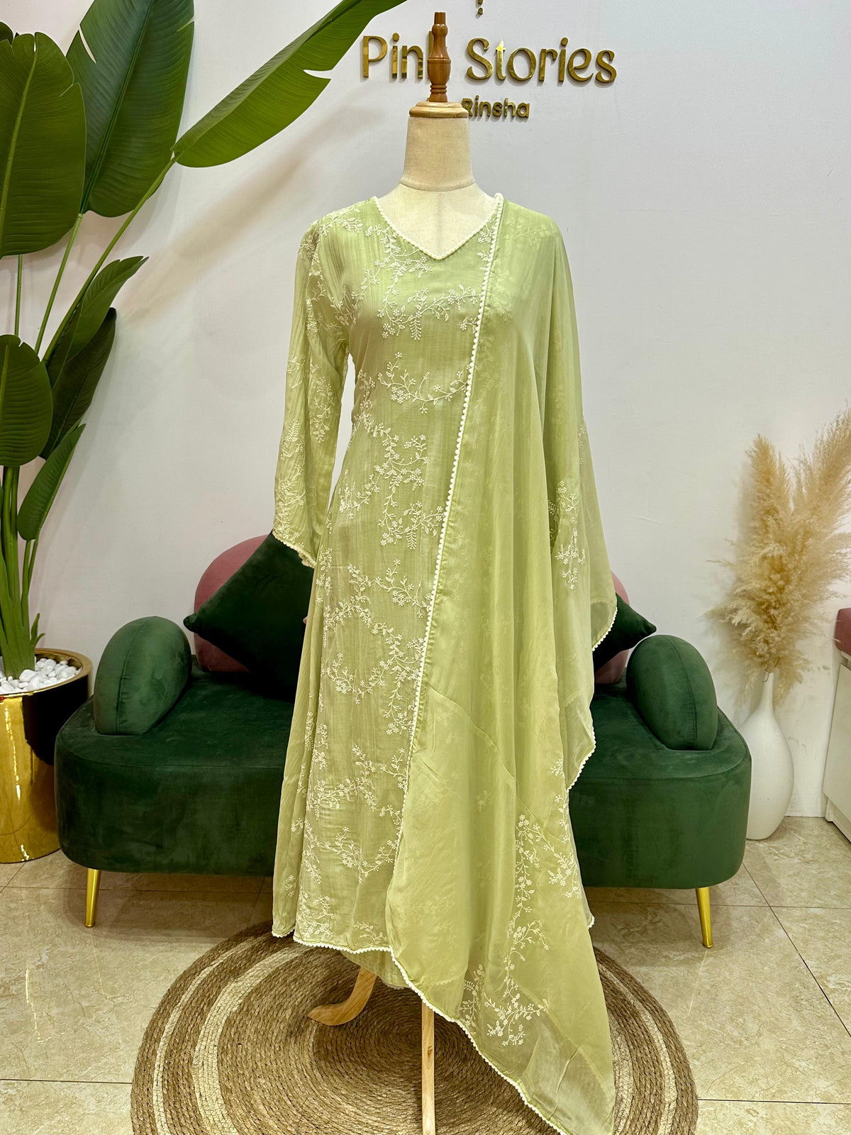 Embroidered Mul Chanderi A-line Suit- Pastel Green