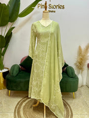 Embroidered Mul Chanderi A-line Suit- Pastel Green