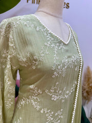 Embroidered Mul Chanderi A-line Suit- Pastel Green